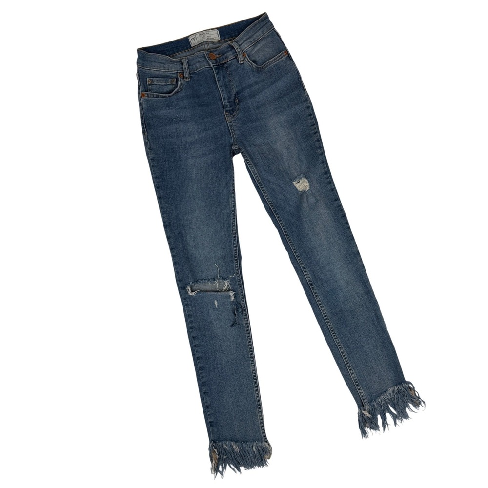 Free People Jeans Womens 25 Blue High Rise Skinny Distressed Raw Fringe Hem Crop